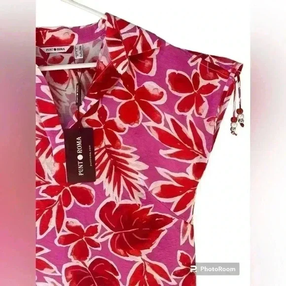 NWT PUNTO ROMA women’s beach cover up Size 6 red pink white shoulder bead detail - Picture 7 of 11